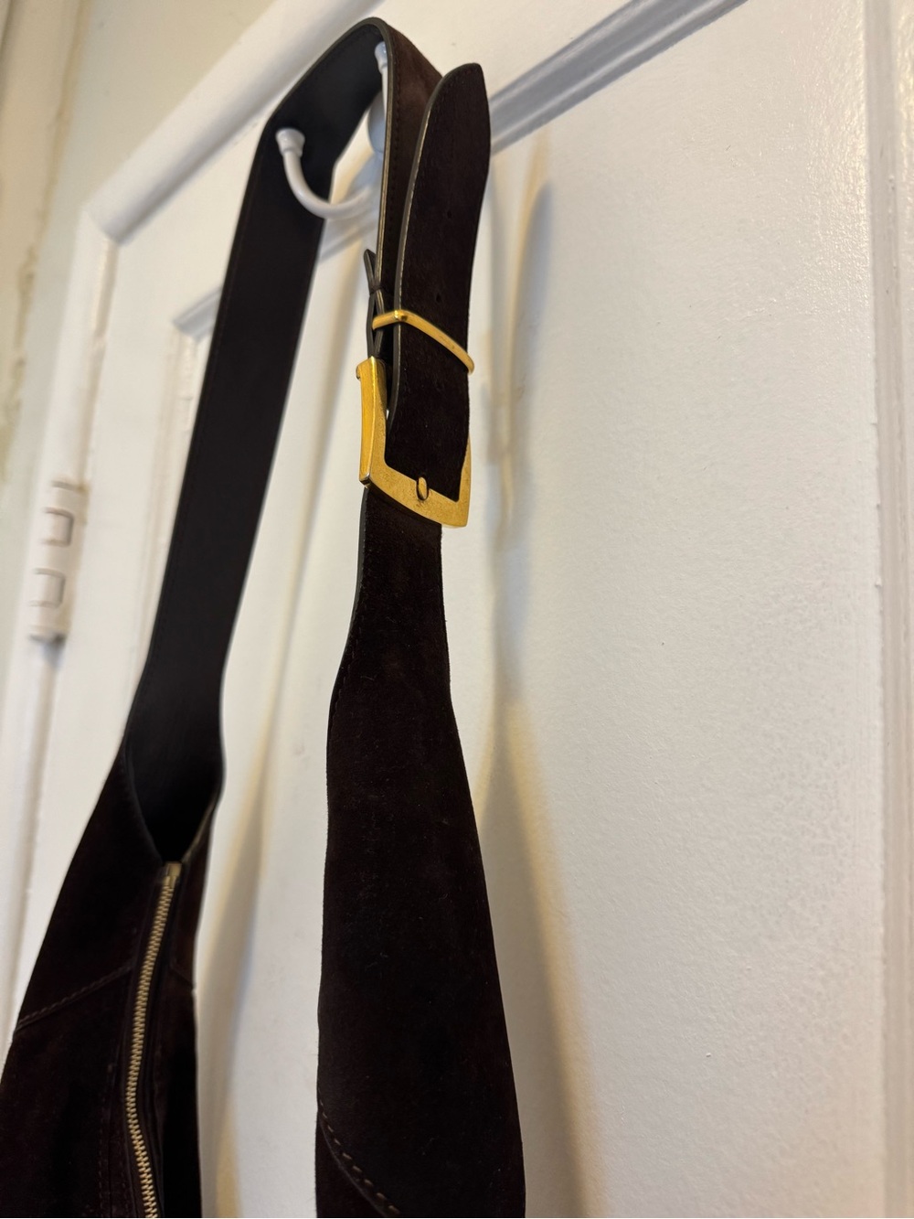 KHAITE Dark Brown Suede Hobo Crossbody Bag with Black Strap - Picture 2 of 4